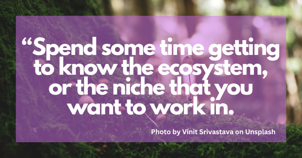 "Spend some time getting to know the ecosystem, or the niche that you want to work in." Photo by Vinit Srivastava on Unsplash. A business quote by James Giroux